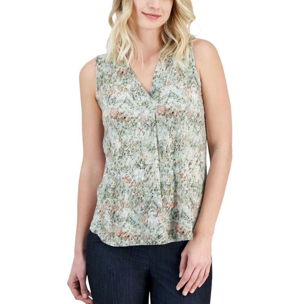 Anne Klein Womens Printed Sleeveless V-Neck Shell Top Large Soft Aloe Multi NWT